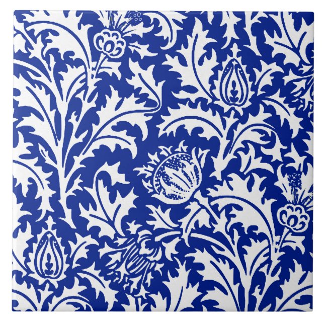 William Morris Thistle Damask White über Cobalt Bl Fliese (Vorderseite)