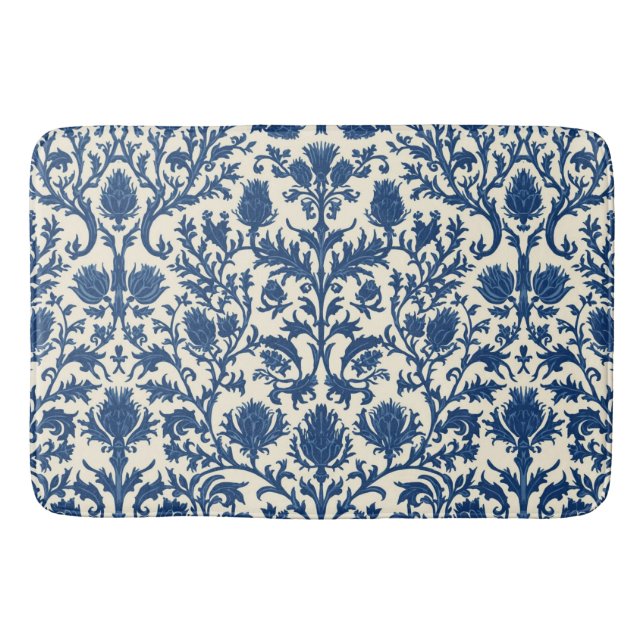 William Morris Thistle Damast Kobaltblau und Weiß Badematte (Vorderseite)