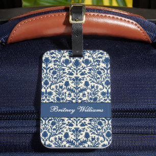 William Morris Thistle Damast Kobaltblau und Weiß Gepäckanhänger