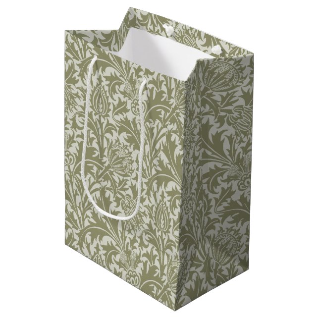 William Morris Thistle Sage Green Pattern Mittlere Geschenktüte (Vorderseite Schrägansicht)