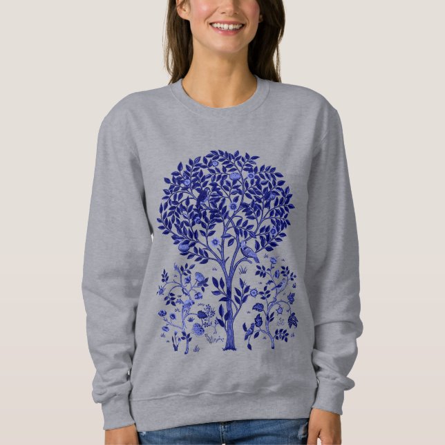 William Morris Tree of Life, Cobalt Blue und White Sweatshirt (Vorderseite)