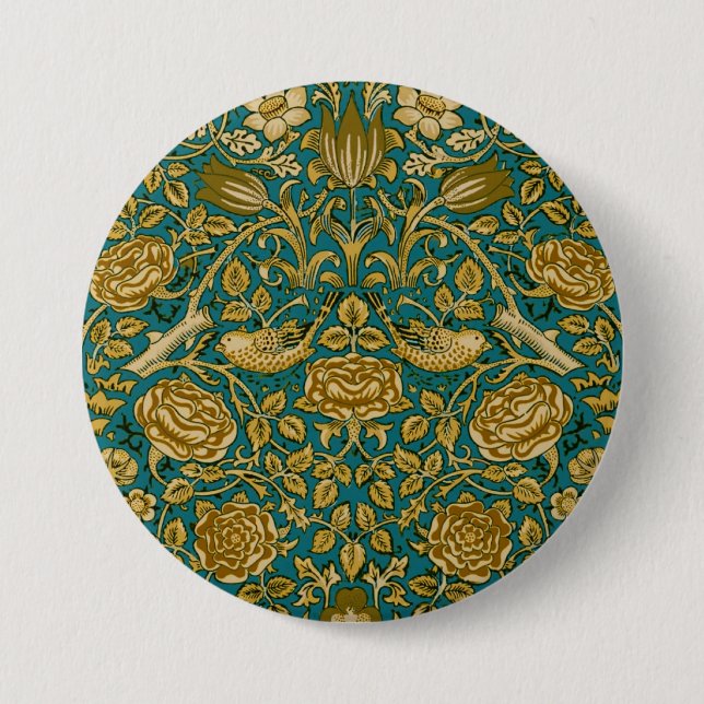 William Morris Tudor-Rosen-Muster Blau Golden Button (Vorderseite)