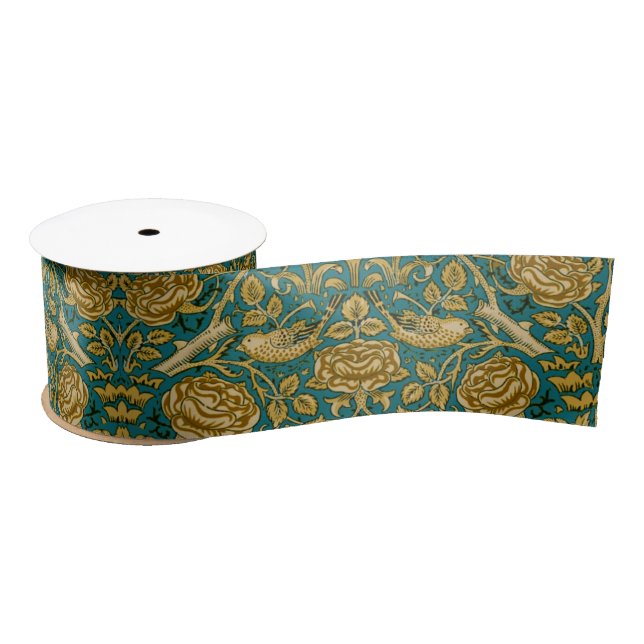 William Morris Tudor-Rosen-Muster Blau Golden Satinband (Spule)
