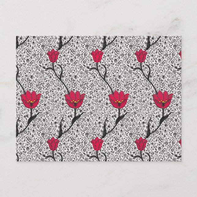 William Morris Tulip Damask, graue und rote Postka Postkarte (Vorderseite)