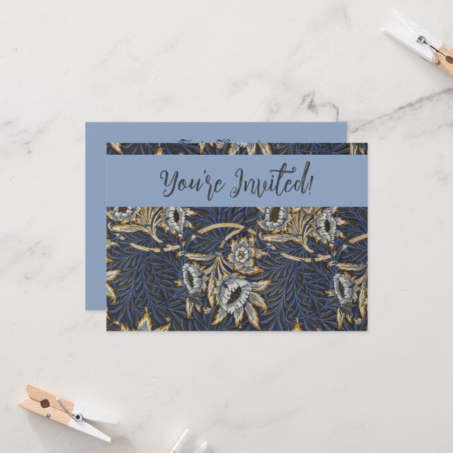 William Morris Tulpe Weidenmuster Blaue Flora Einladung (Vorderseite/Rückseite Beispiel)