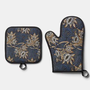 William Morris Tulpe Weidenmuster Blaue Flora Ofenhandschuh & Topflappen-Set