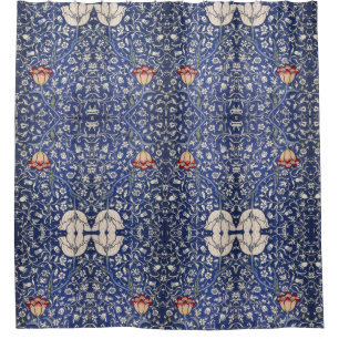 William Morris Vintag Floral Tulip Blue White Red Duschvorhang