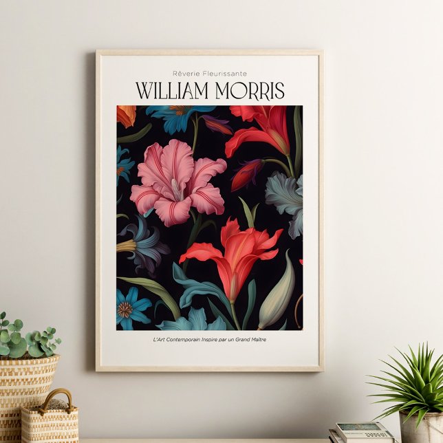 William Morris Vintag Pink Lilly Poster (William Morris Vintage Pink Lilly Poster in a boho neutral living room with house plants.)