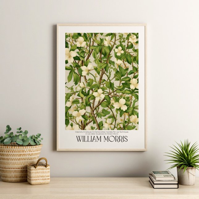 William Morris Vintag White Wildblume Branch Poster (William Morris Vintage White Wildflower Branch Poster in a neutral boho livingroom with plants.)