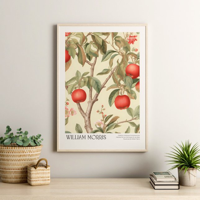 William Morris Vintage Äpfel und Blüten Poster (William Morris Vintage Apples and Blossoms Poster ina  neutral boho livingroom with plants.)
