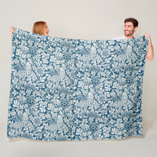William Morris Vintage Blumen Vögel Blau Weiß Fleecedecke