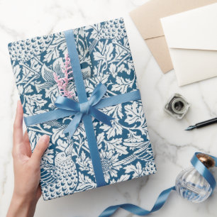 William Morris Vintage Blumen Vögel Blau Weiß Geschenkpapier