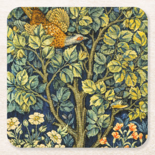 William Morris Vintage Fasan Eichhörnchen Blume Rechteckiger Pappuntersetzer