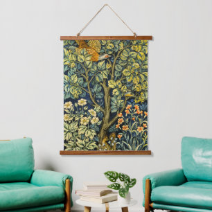 William Morris Vintage Fasan Eichhörnchen Blume Wandteppich Mit Holzrahmen