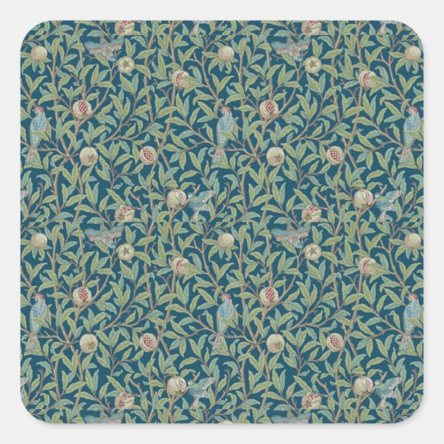 William Morris "Vogel und Granatapfel"  Quadratischer Aufkleber (Vorderseite)