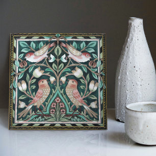 William Morris Vögel und Tulpen Grüne Art Nouveau Fliese