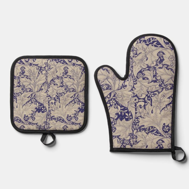 William Morris Wallflower Blue Damask Ofenhandschuh & Topflappen-Set (Vorderseite)