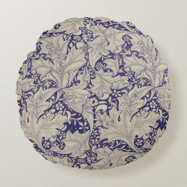 William Morris Wallflower Blue Damask Rundes Kissen (Vorderseite)