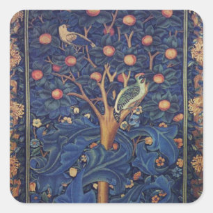 William Morris Woodpecker-Teppich Blau-Design Quadratischer Aufkleber