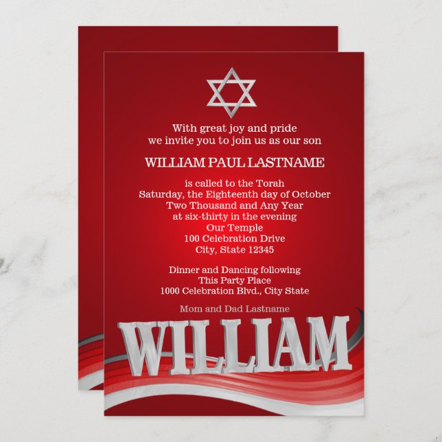 William Steel Wave Red Bar Mitzvah Einladung (Vorne/Hinten)