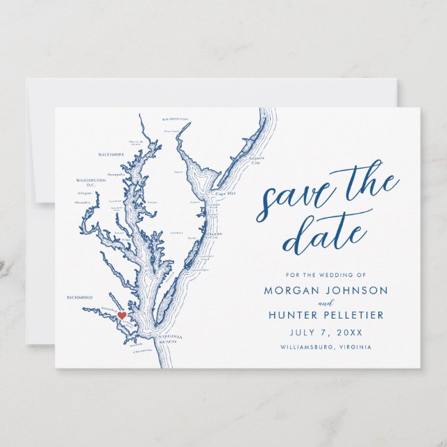 Williamsburg Virginia Map Modern Wedding Save The Date (Vorderseite)