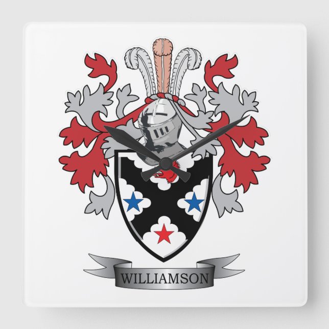 Williamson Familienwappen Coat of Arms Quadratische Wanduhr (Vorderseite)