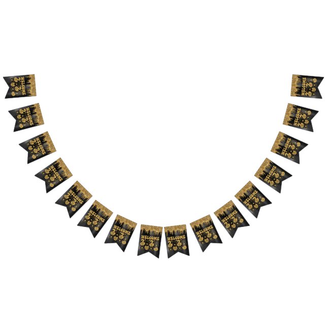 WILLKOMMEN 2023 SCHWARZ & GOLD GLITZER TROPFEN CUS WIMPELKETTE (Alle)