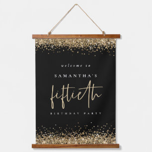 Willkommen 50 Gold Glitzer Name Black Wandteppich Mit Holzrahmen