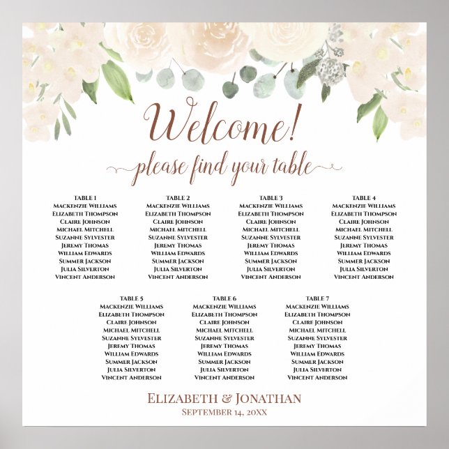 Willkommen! 7 Tabelle Blush Peach Floral Seekarte Poster (Vorne)