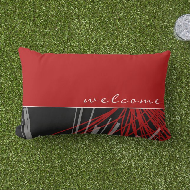 Willkommen | Abstrakte Ribbons in Rot und Weiß Kissen Für Draußen (Gras)