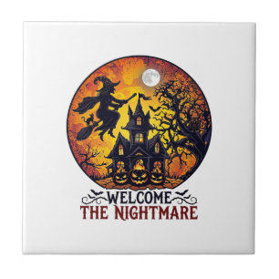 Willkommen Albtraum Halloween Spukhaus Fliegende H Fliese