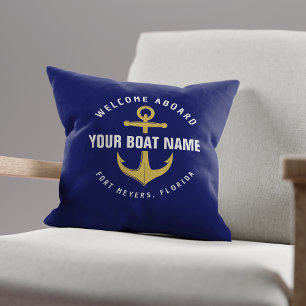 Willkommen an Bord Boot Navy Blau Gold Nautischer Kissen