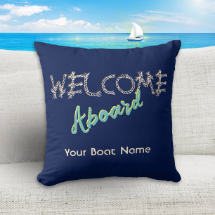 Willkommen an Bord Bootsname Dunkel Navy Blau Naut Kissen