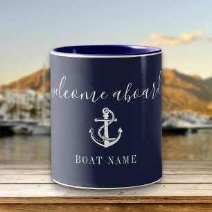 Willkommen an Bord Bootsname Nautical Anchor Navy Zweifarbige Tasse