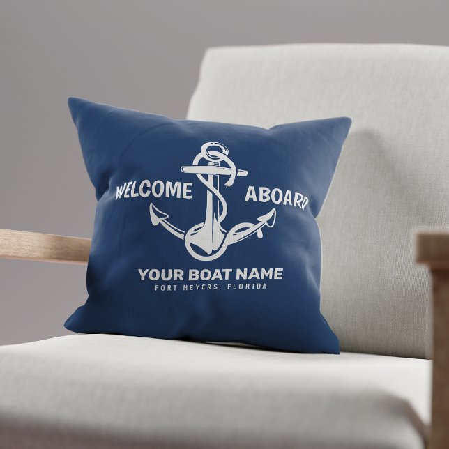Willkommen an Bord der Nautical Navy Blue Bootname Kissen (Von Creator hochgeladen)