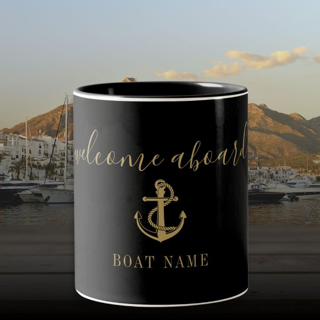 Willkommen an Bord der schwarzen und goldenen Anke Zweifarbige Tasse (Welcome Aboard Black And Gold Anchor Boat Name Two-Tone Coffee Mug)