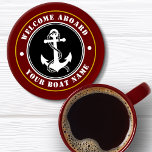 Willkommen an Bord des Bootes Name Anchor Maroon R Untersetzer Set<br><div class="desc">Ein Set zum Thema nautische Untersetzer mit Begrüßung an Bord und Ihrem personalisierten Bootsnamen oder anderen gewünschten Text. Enthält einen speziell entworfenen Bootanker und Seil. Schwarz-Weiß mit goldfarbenem Trimm auf Maronrot oder ändern Sie die Grundfarbe leicht an Ihre aktuelle Dekoration.</div>