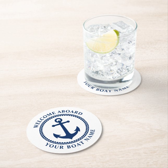 Willkommen an Bord des Bootes Name Sea Anchor Blue Runder Pappuntersetzer (Vor Ort)