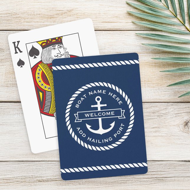 Willkommen an Bord des Bootsnamens Seil nautisches Spielkarten (Welcome aboard boat name rope nautical ship wheel poker cards)