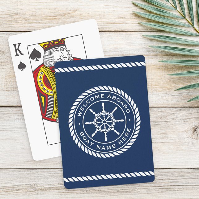 Willkommen an Bord des Bootsnamens Seil nautisches Spielkarten (Welcome aboard boat name rope nautical ship wheel poker cards)