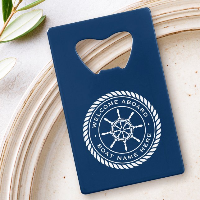 Willkommen an Bord des Schiffs Name des Schiffes Geldbeutel Flaschenöffner (Welcome aboard boat name nautical ship's wheel credit card bottle opener)