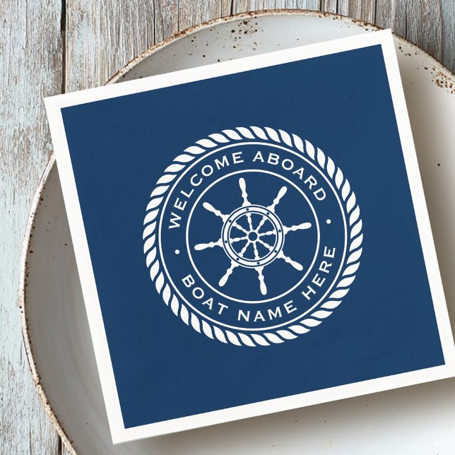 Willkommen an Bord des Schiffs Name des Schiffes Serviette (Welcome aboard boat name nautical ship's wheel napkins)
