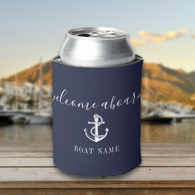 Willkommen an Bord Name Navy Blue Dosenkühler (Welcome Aboard Boat Name Navy Blue Can Cooler)