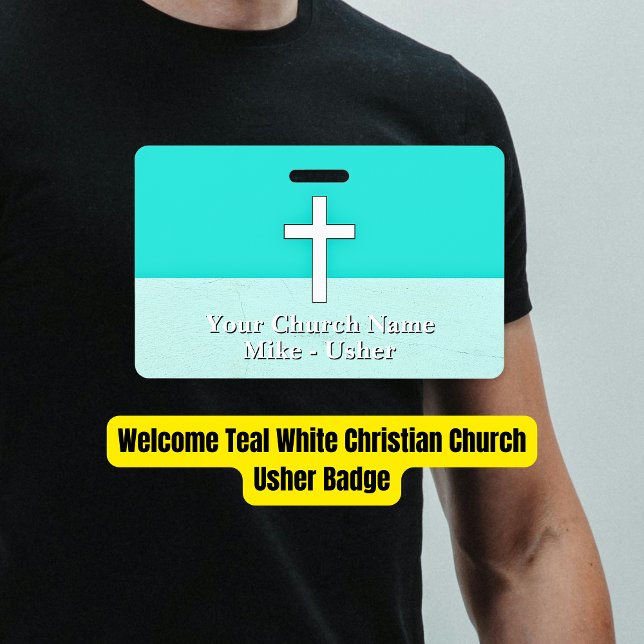 Willkommen Aquamarin White Christlich Church Usher Ausweis (Welcome Teal White Christian Church Usher Badge)
