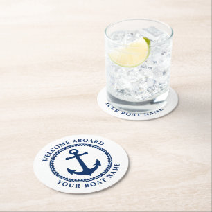 Willkommen auf dem Schiff Name Sea Anchor Blue Whi Runder Pappuntersetzer