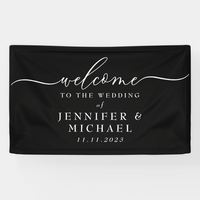 Willkommen auf der einfachen Hochzeitsfeier schwar Banner (Horizontal)