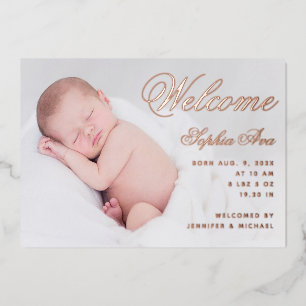 Willkommen Baby Birth Foto Elegante Script Rose Go Folieneinladung