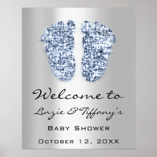 Willkommen Baby Blue Feet Baby Shower Junge Silber Poster