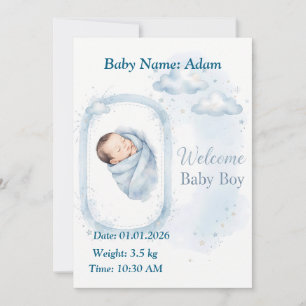 Willkommen Baby Boy - Blaue Wasserfarbenkarte Einladung