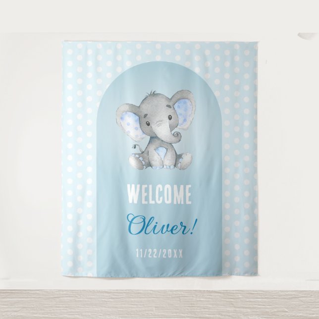 Willkommen Baby Boy Blue Elephant Foto Hintergrund Wandteppich (Vorderseite)